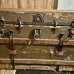 Antique Henry Likly Flat Top Leather Strap Wooden Slat Steamer Trunk Chest