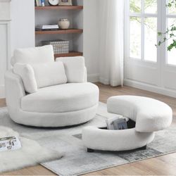 💥💥BlowOut Sale💥 360 Degree Swivel Barrel Chair with Half Moon Storage Ottoman, 39" Wide Sherpa 