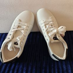 NEW: White, Men's Sneakers,  Size 8.5, with red/gray/back stripes (for sale)