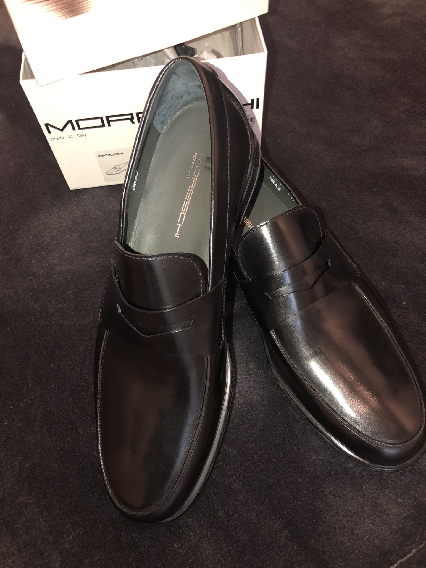 Italian Loafers by Moreschi. Purchased in Florence. Black Calf Leather. Brand New. NEVER worn. Men’s size 7 US; 6 UK; 40 EU
