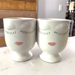 Set of 2 Small Adorable Face Eyelashes Planter / Storage - can use for qtips, cotton balls , liners, small make brushes or of course Plants ! 