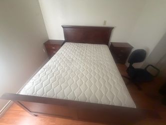 Queen Bed Frame with Mattress and Two Nightstands