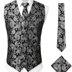 Mens Classic 3pc Jacquard Paisley Vest Set Necktie Pocket Square Waistcoat for Suit or Tuxedo