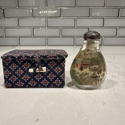 Hand Painted Chinese Glass Snuff Bottle With Scenery Inside - Original Box