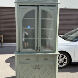 Large Sage Green Hutch / Cabinet w/ Storage & Lighting 