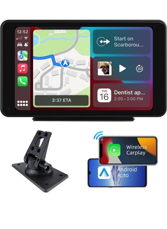 Plimpton 2024 Portable Apple Carplay/Android Auto Screen for Car, 7 Inch IPS Touch Screen Wireless Car Play Driveplay Multimedia Player with Voice Con