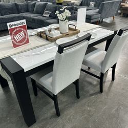 WHITE FAUX MARBLE DINING TABLE WITH CHAIRS AND BENCH 