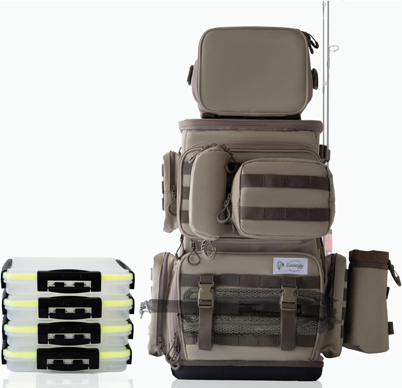 Solidstrike Gear - Modular Fishing Backpack with Solid Base/Cooler Bag / 4 Tackle Boxes/Rod & Net Holders/Accessories/Large Storage fits 8 x 3600 or 3