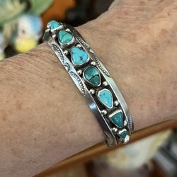 Vintage 60s Navajo Sterling And Turquoise Cuff Bracelet