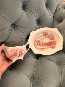 Red Transferware Creamer and Bowl Set