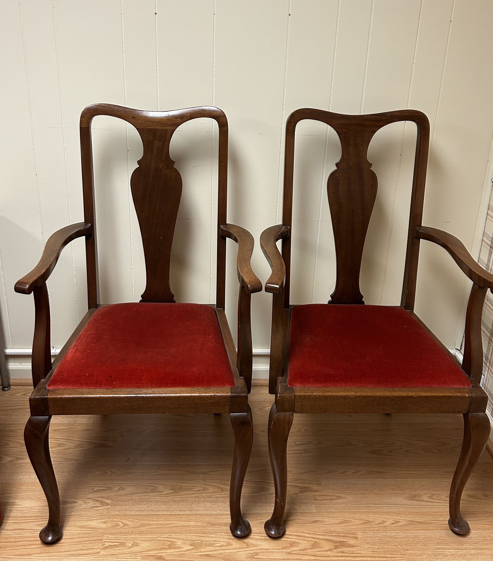 Pair of Vintage Queen Anne–Style Armchairs w/Red Velvet-Style Upholstering