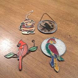 Bundle Of 4 Beautiful Small Stained Glass Art - Birds, Cat & Santa