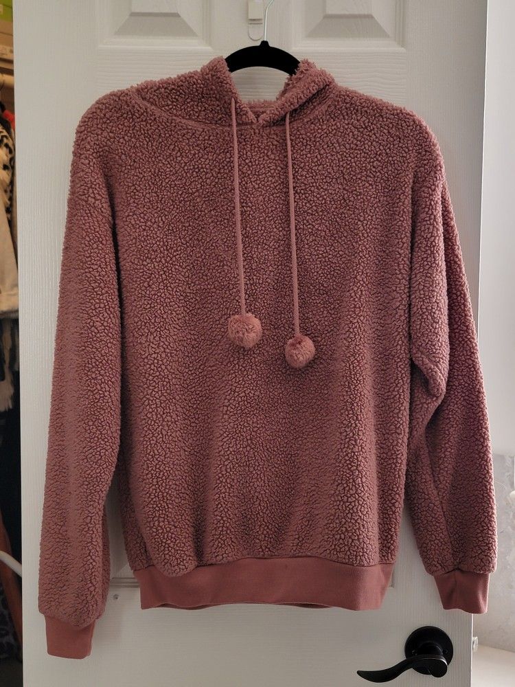 Cozy Pink Sherpa Hoodie With Pompoms Size S