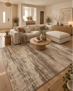 Large Abstract Area Rug White Beige Brown