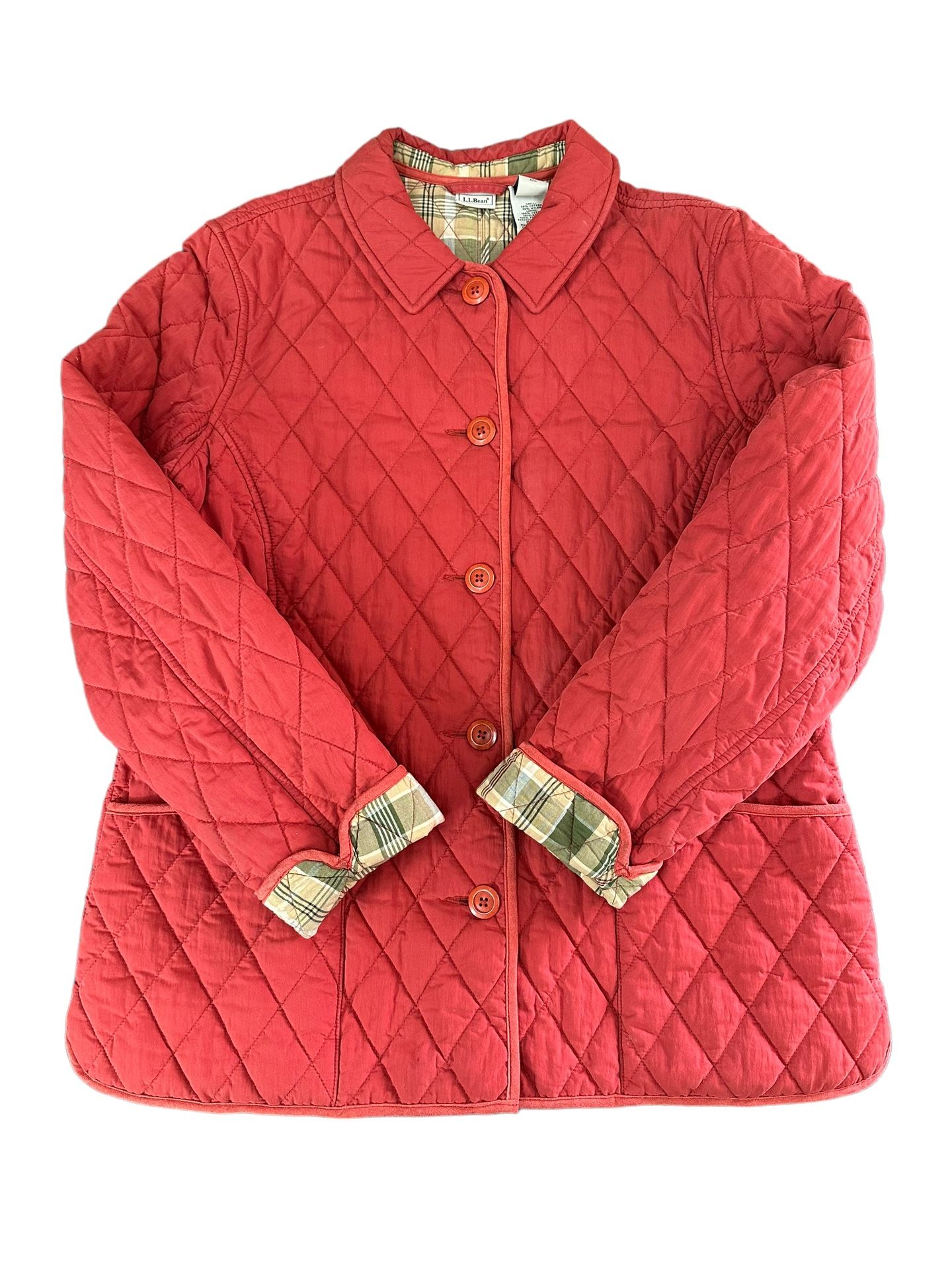 L.L. BEAN QUILTED Coat Women’s Large Pink Plaid Lined Button Riding Chore Barb