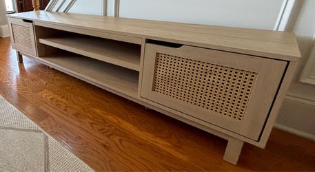 70 in. Modern Coastal Oak Wood TV Stand with 2 Faux Rattan Doors (Max TV Size 80 in.)