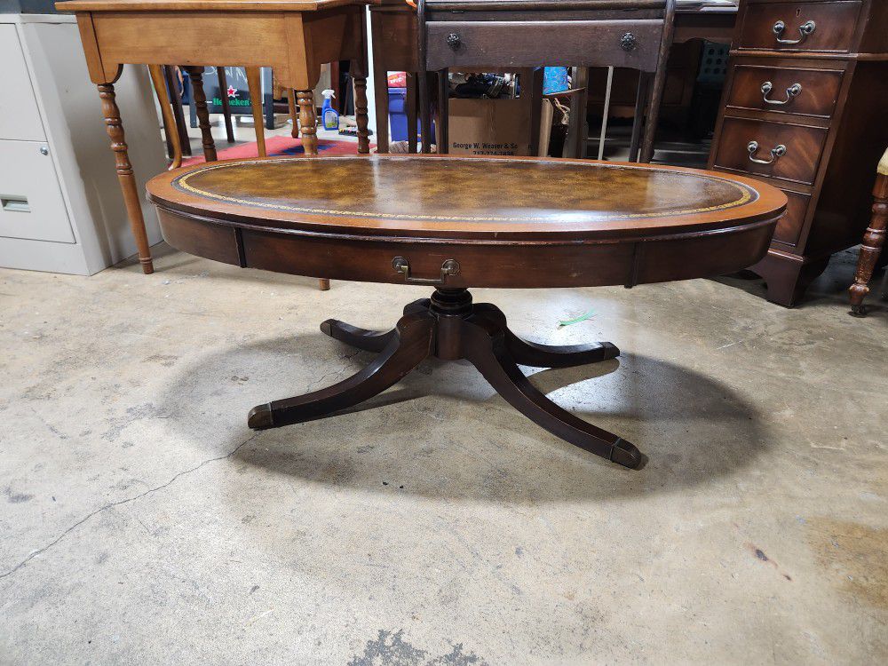 Antique Heirloom Leather Top Inlaid Coffee Table 