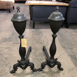 Statutory Bronze Finish Andirons Urn Form Top Animal Below