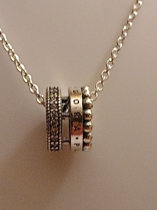 Pandora Authentic Brand New Sterling Silver Signature Logo Pave & Beads 17.8 Adjustable Pendant Necklace