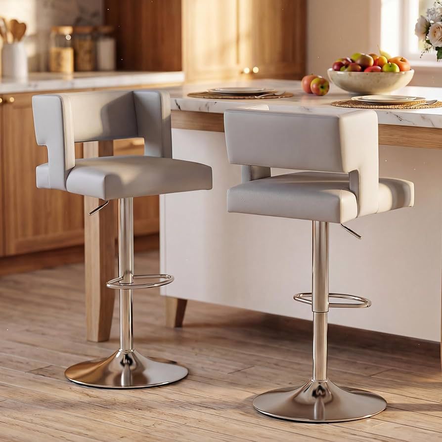 Swivel Bar Stools Set of 2 with Square Back, 26-34 inch Adjustable Faux Leather Counter Height Barstools with Footrest, Upholstered Bar Chairs for Kit