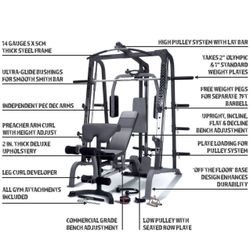 Marcy MWB-4360 Smith-Cage Strength System with a 300 lb Olympic grip weight set.