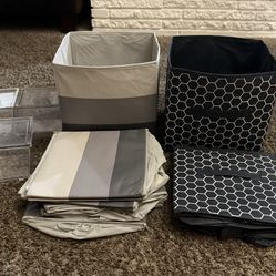 Set of 10 foldable fabric storage bins for organizing various household items.and 3 plastic storage