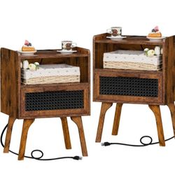 Lerliuo Rattan Nightstands Set of 2 with Charging Station, 