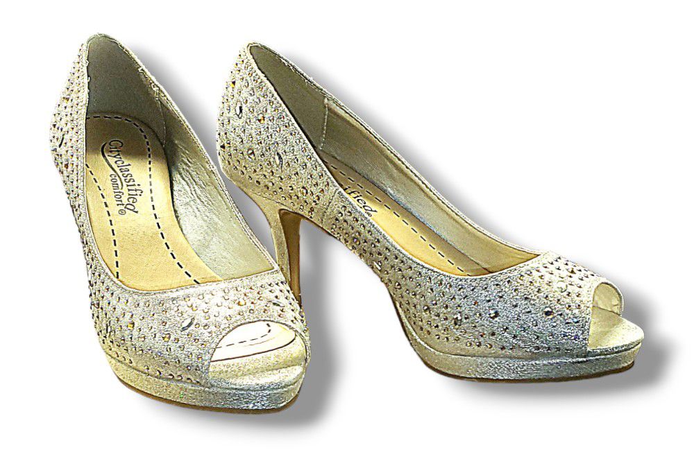 City Classified Comfort Frank-h Silver Heels Size 6 Glitter Sparkle Shiny New Year Celebration Party Holiday Dress Fashion Glamour Womans rhinestone p