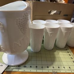 Vintage Milk Glass - Pitcher And 8 Cups Set