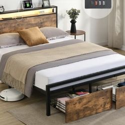 queen size bed frame and mattress with storage drawers and LED headboard