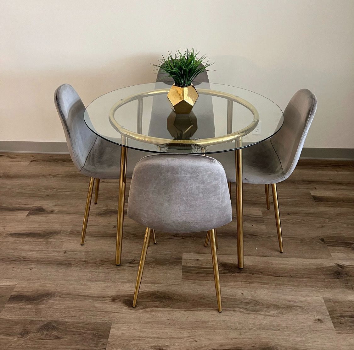 Gray Dining Room Round Glass Set Gold Legs