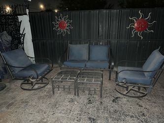 2 Heavy Rocking Swivel Type Outdoor Patio Chairs & Metal Patio Outdoor Bench w/ Cushions & Middle Tables