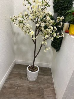 Artificial Cherry Blossom Tree in White Pot