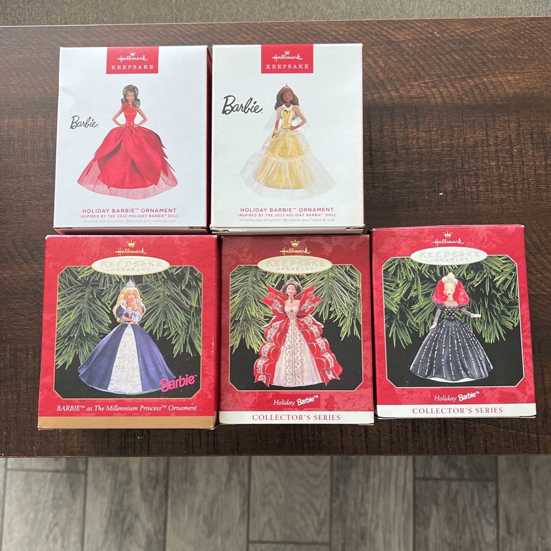 HALLMARK BARBIE ORNAMENTS 1999, 1997, 1998, 2022, 2023