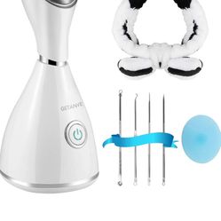 GETANYE Nano Ionic Face Steamer - 10X Penetration for Facial, Unclogs Pores, Moisturizing Spa Humidifier with Free Blackhead Remover Kit, Hair Band, F