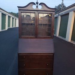 19th Century Antique Secretaries Desk With Glass Hutch, Working Key And Matching Chair