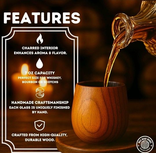 Premium Charred Wooden Bourbon Whiskey Glasses – Handcrafted Whiskey Glass for Men | Unique Gifts for Men | Handmade Finished Wooden Old Fashioned