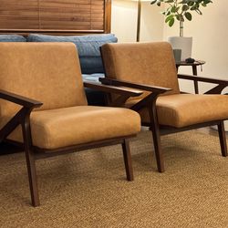 RARE Poly & Bark Otra MCM Lounge Chairs Cognac Tan Leather (Set of 2)
