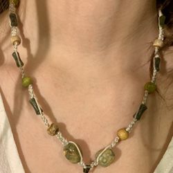 18.5” Serpentine Stone Mushroom Hemp Macrame Necklace - Handcrafted 