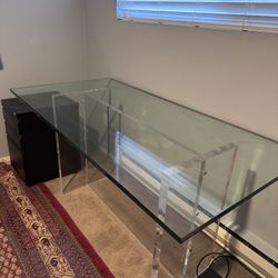 Modern Glass Top Desk w/ Acrylic Lucite Base – Minimalist Office Desk