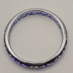 Silver and Blue Bangle Bracelet Floral Design Boho Statement Jewelry
