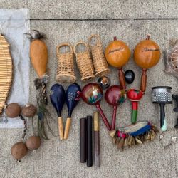 Percussion Instruments Lot – Maracas, Shakers, Whistles, Decor
