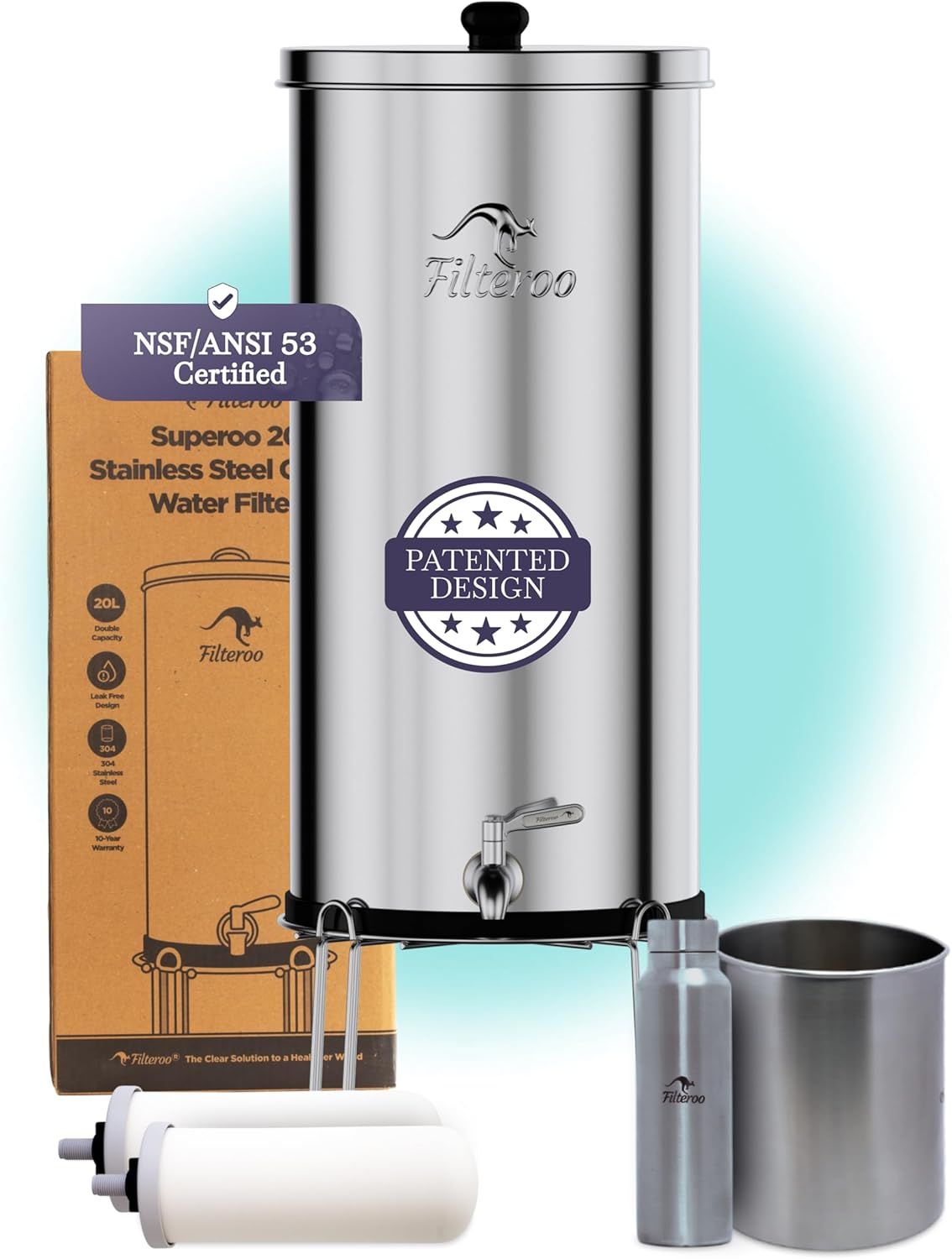 Countertop Gravity Water Filter System - 5.28 Gal/20L | 304 Stainless Steel | Gravity-Fed Water Purifier with 2 Fluoride & Chlorine Reduction Ceramic