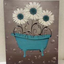 Teal Floral Wall Art for Living Room, Farmhouse Daisy Flowers in Bathtub Canvas Wall Art Grey Abstract Wall Art Framed Artwork Ready to Hang for Bathr