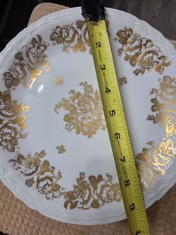 White Milk Glass Plate with Gold Floral Pattern