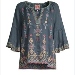 Johnny Was Cerise Blue Embroidered Linen Peasant Blouse Top 