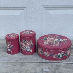 Floral Metal Cookie Canister Set of 3 Pink Flower Kitchen Storage Containers New