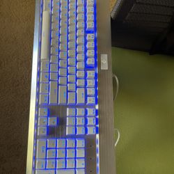 EagleTec KG011 Mechanical Keyboard Wired Ergonomic Clicky Blue Switch Equivalent for Office PC Home or Business (White Keyboard Blue LED Backlit)