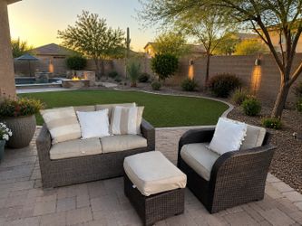 Outdoor Wicker Patio Set – Loveseat + Lounge Chair/Ottoman