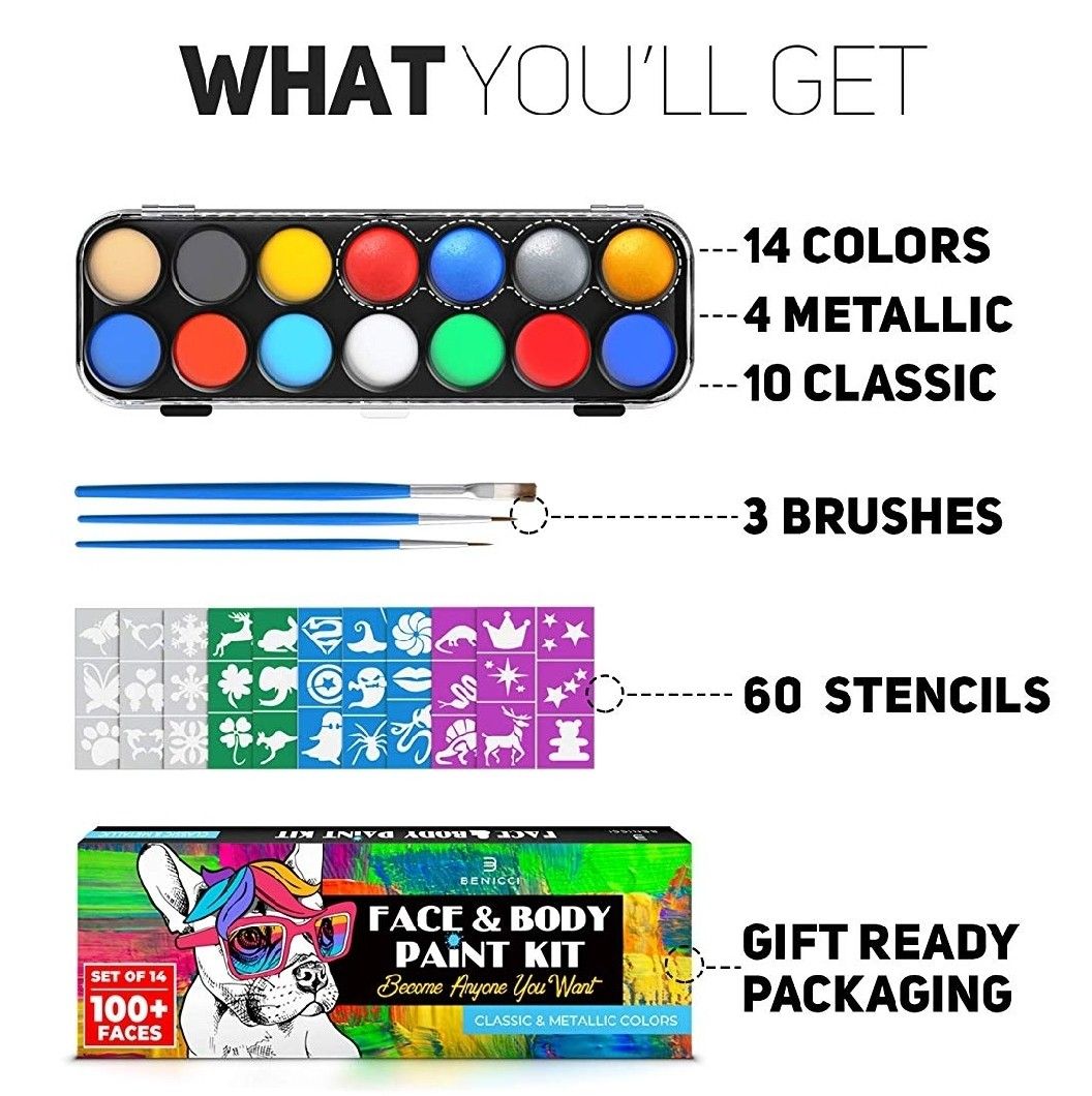 Vibrant Face and Body Paint Kit - Magical Set of 14 Colors